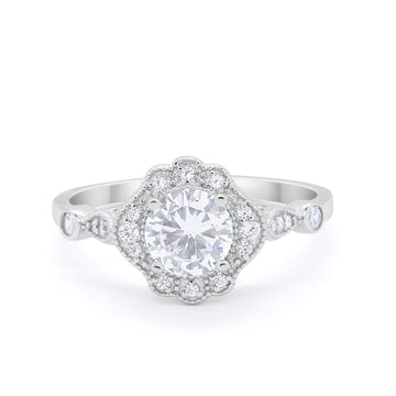 Halo Vintage Style Engagement Ring Simulated Cubic Zirconia 925 Sterling Silver